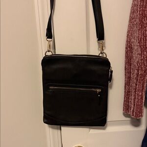 Chico's Sleek Black Messenger Bag with Gold Details